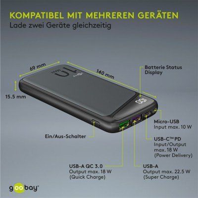 Schnelllade-Powerbank 10.000 mAh (USB-C™ PD, QC 3.0)