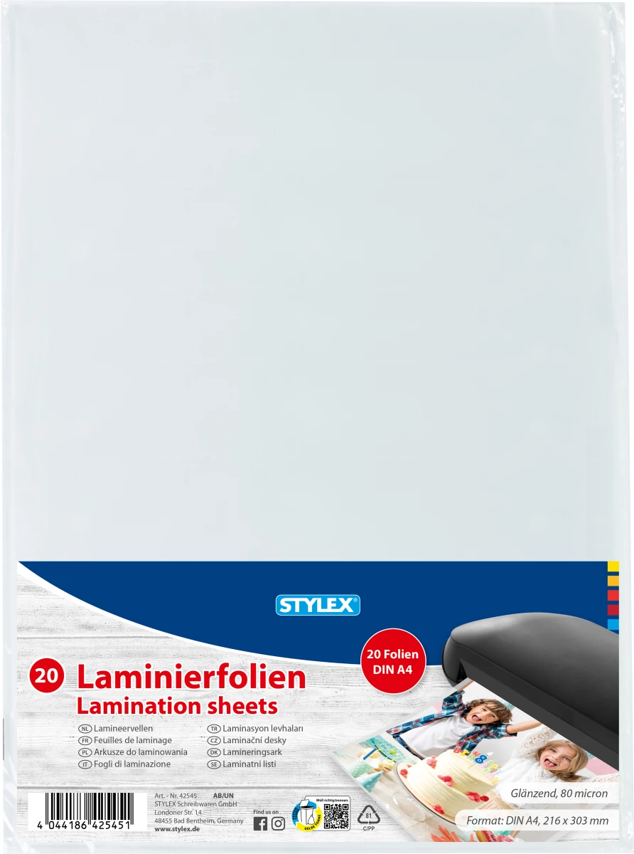 Stylex Laminierfolie, A4, 20 Blatt