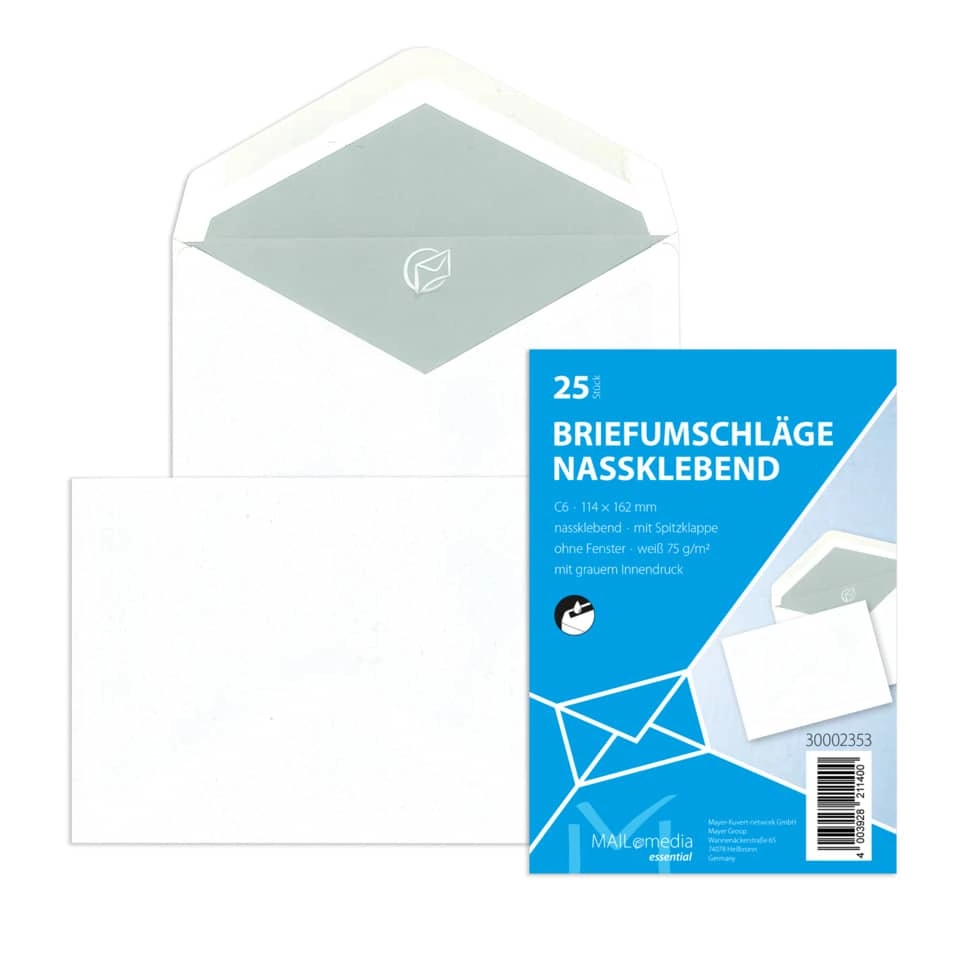 mayer-network Briefumschläge C6 (162x114 mm), ohne Fenster, gummiert, 72 g/qm, 25 Stück