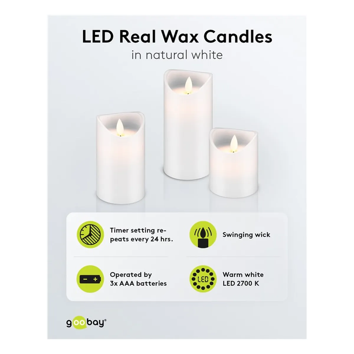 Goobay 3er Set LED Echtwachs-Kerzen, weiß