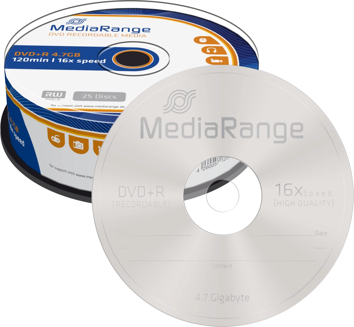 MediaRange DVD+R - 4.7GB/120Min, 16-fach/Spindel, Packung mit 25 Stück