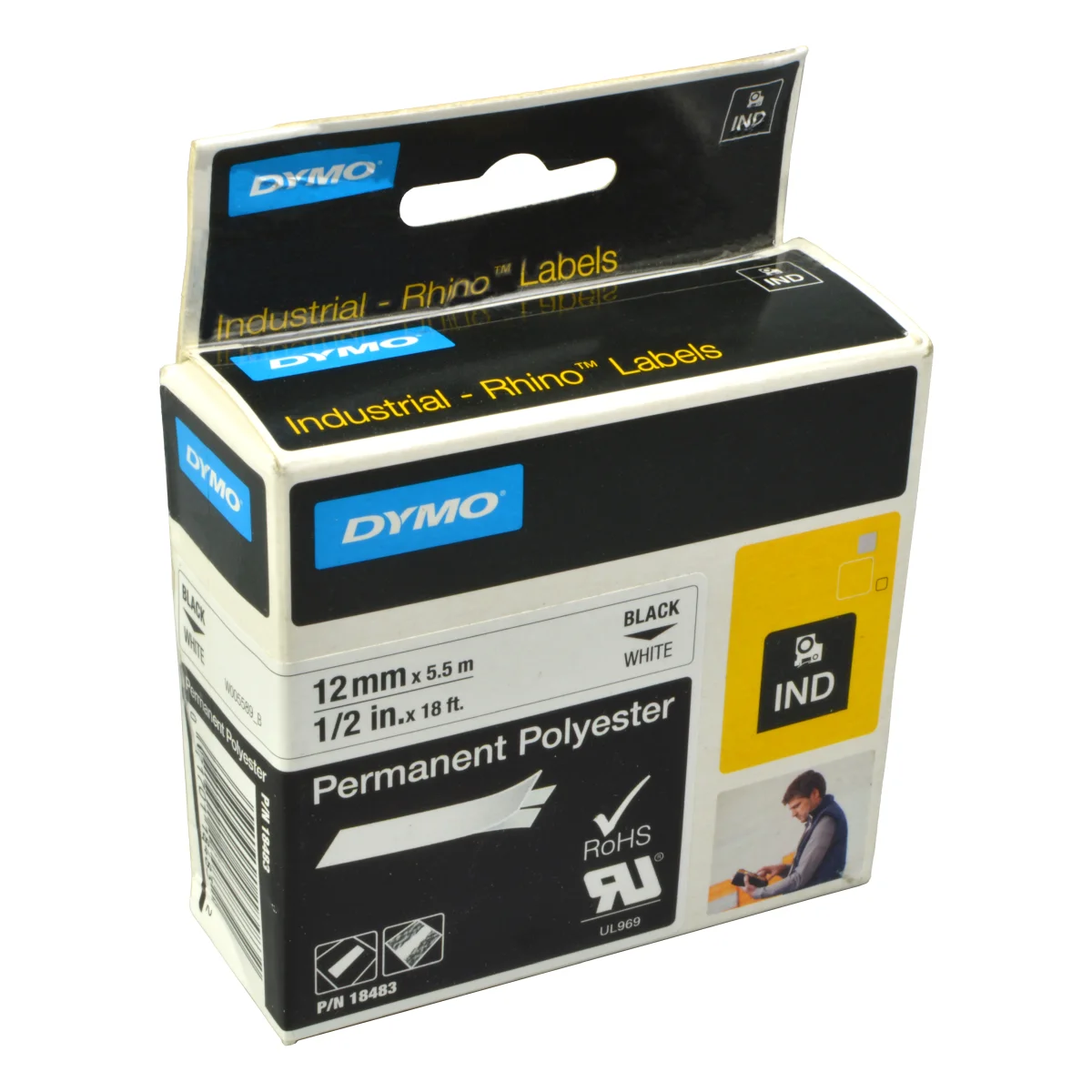Dymo Label Band IND 18483 (S0718210) schwarz auf weiß 12mm x 5,5m Polyester permanent