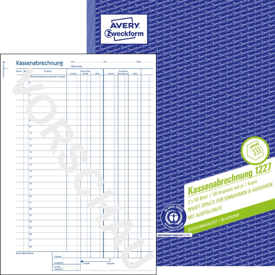 Kassenabrechnung - MwSt.-Spalte, A4, Recycling, Blaupapier, 2x 50 Blatt