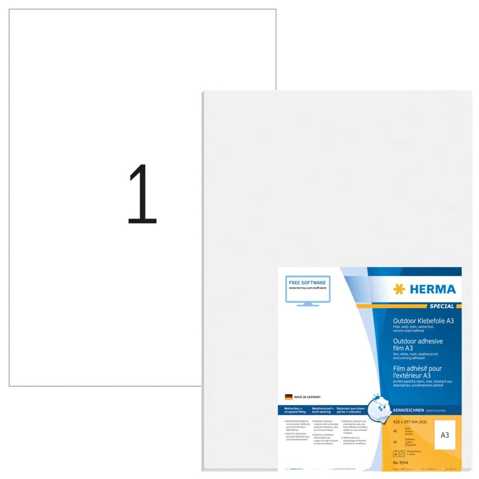 HERMA Folienetiketten - 420 x 297 mm, A3, weiß, strapazierfähig, extrem stark haftend, matt, 40 Stück