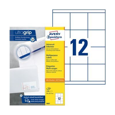 Avery Zweckform Universal-Etiketten ultragrip - 70 x 67,7 mm, weiß, 1.200 Etiketten, permanent