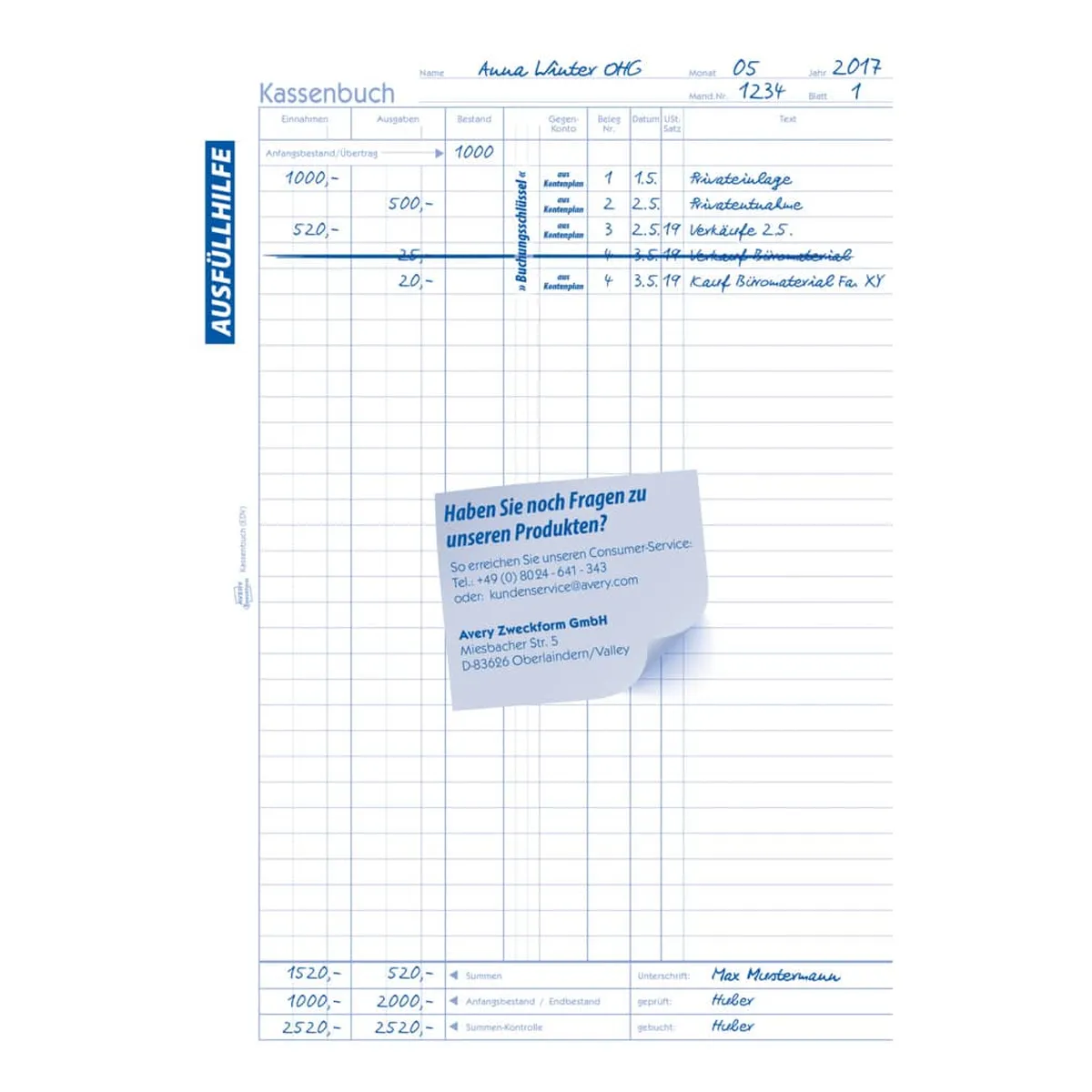 AVERY ZWECKFORM Kassenbuch - EDV-gerecht, A4, Recycling, Blaupapier, 100 Blatt