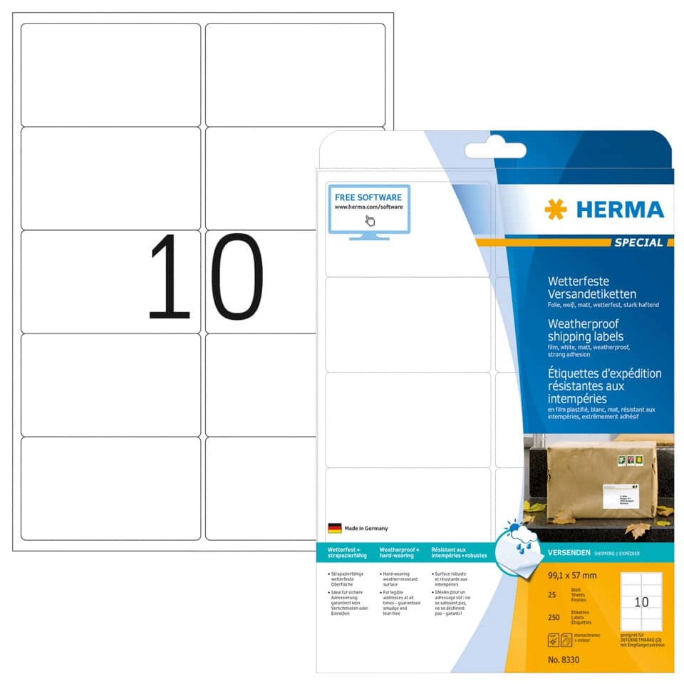 HERMA Folienetiketten - 99,1 x 57,0 mm, weiß, extrem stark haftend, matt, Rand, 250 Stück