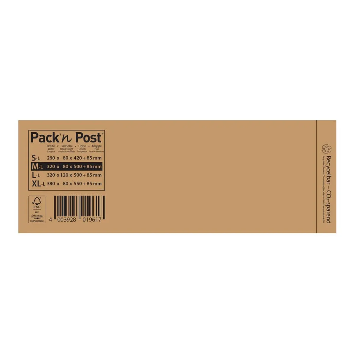 Pack´n Post® Faltentaschen - 300+80x370+80 mm, Spitzboden, o. Fenster, 250 Stück, braun