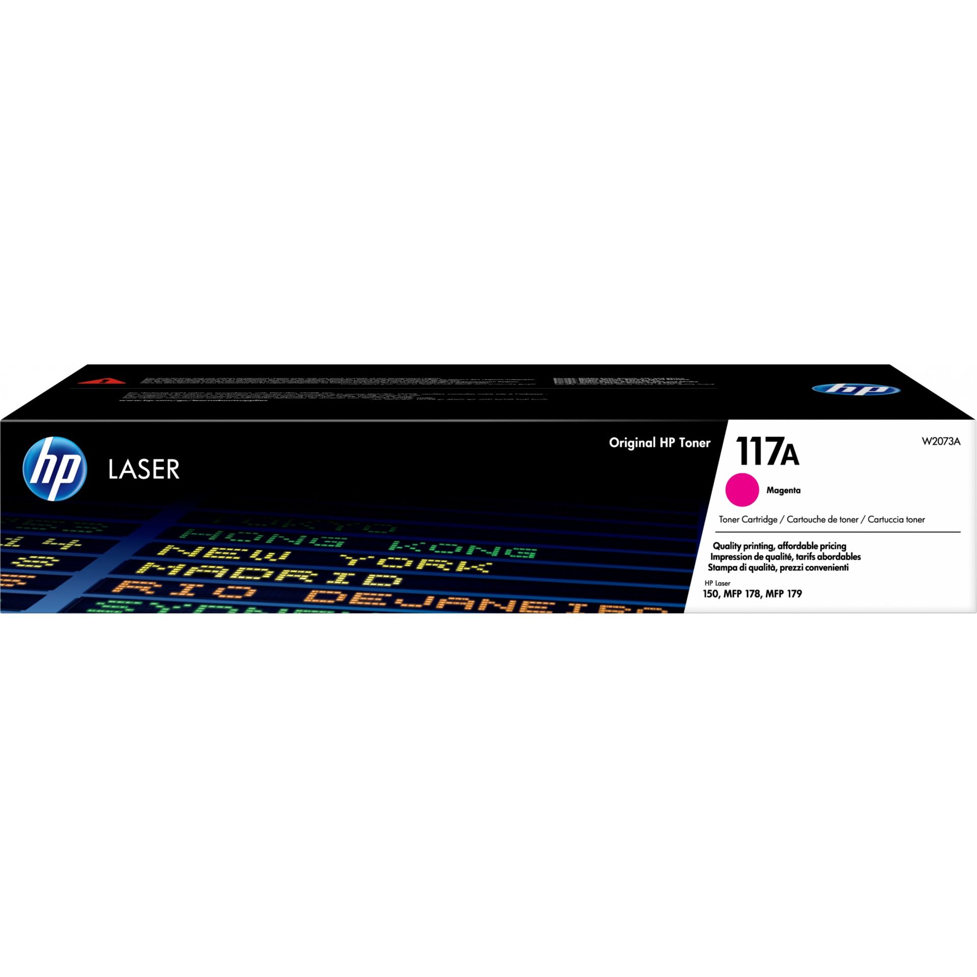 HP Toner 117A in magenta in einer schwarz-weißen Verpackung mit HP Logo