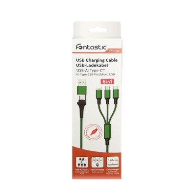 6in1 Ladekabel USB-A/Type-C/8-Pin/Micro USB 1.2m grün