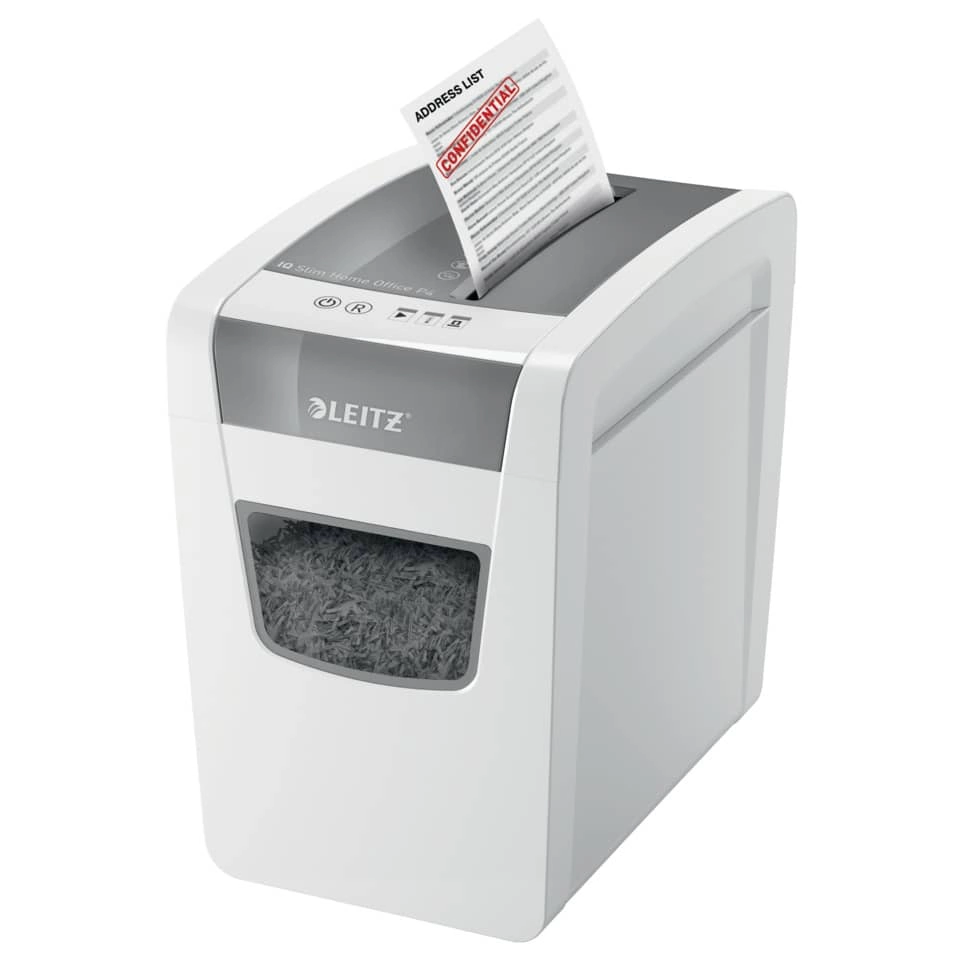 Leitz Aktenvernichter IQ Slim Home Office - Partikelschnitt P4, 10 Blatt, weiß