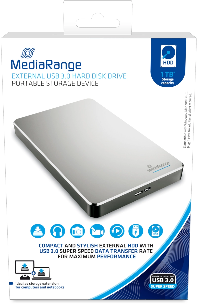 MediaRange externe USB 3.0 Festplatte, HDD, 1TB, silber