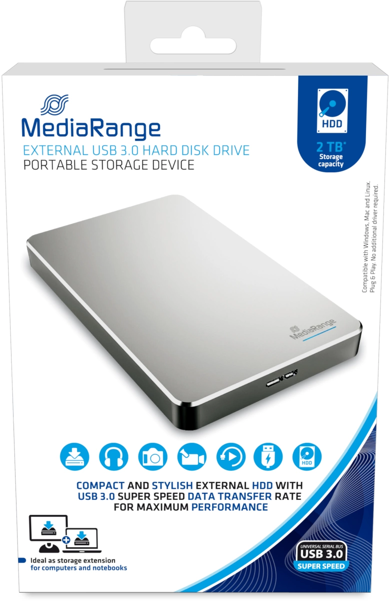 MediaRange externe USB 3.0 Festplatte, HDD, 2TB, silber