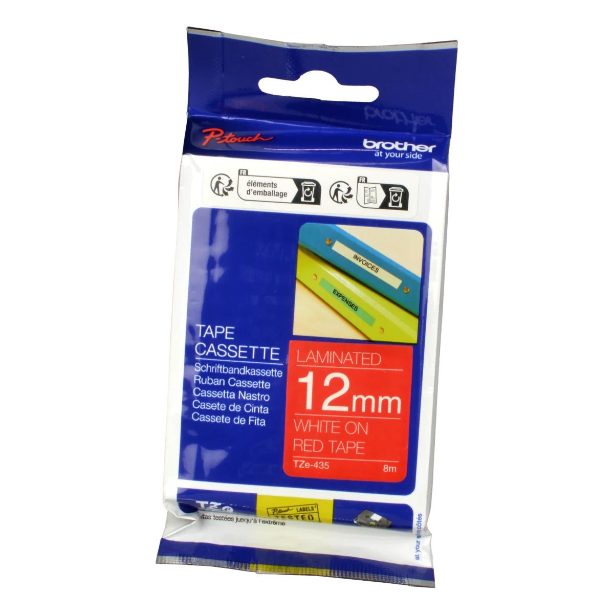 Brother P-Touch Band TZe-435  weiß auf rot  12mm / 8m  laminiert