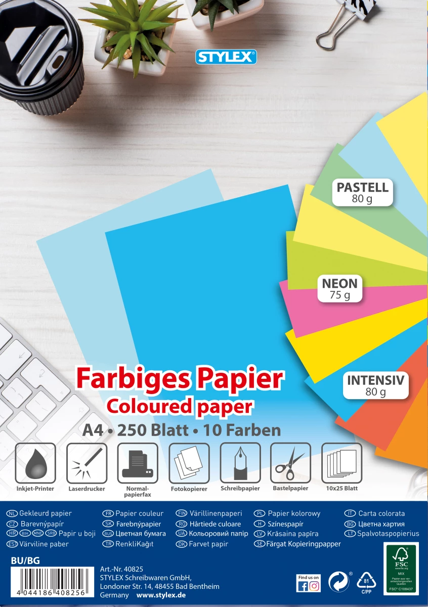 Farbiges Papier, DIN A4, 250 Blatt